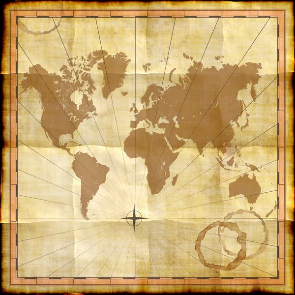 Kaart van de wereld op oud papier met koffie vlekken — Stockfoto