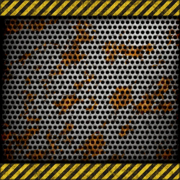 Perforated rusted metal background with warning stripes — Stock Photo, Image