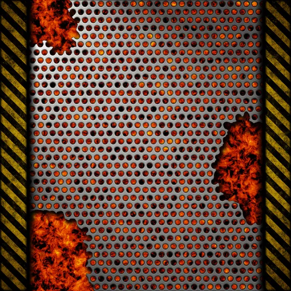 Perforated metal background with holes and warning stripes over fire, hot lava or melted metal — Stock Photo, Image