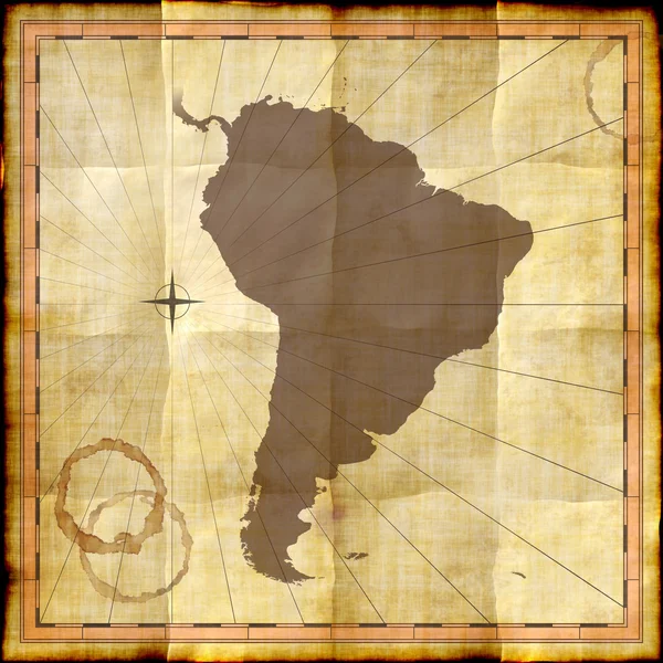 Sud America su vecchia carta con macchie di caffè — Foto Stock