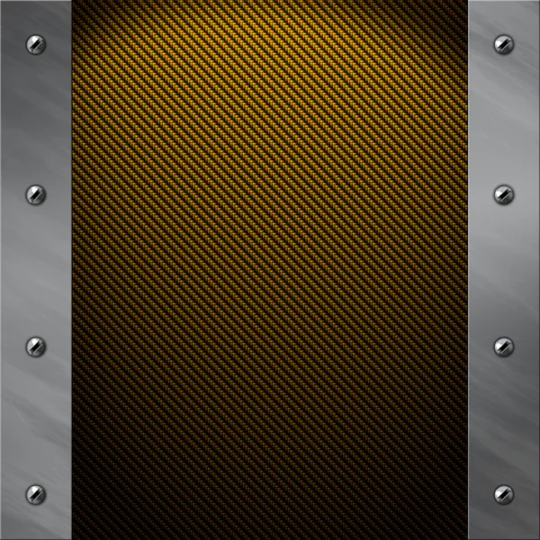 Telaio in alluminio spazzolato imbullonato su uno sfondo in fibra di carbonio dorata — Foto Stock
