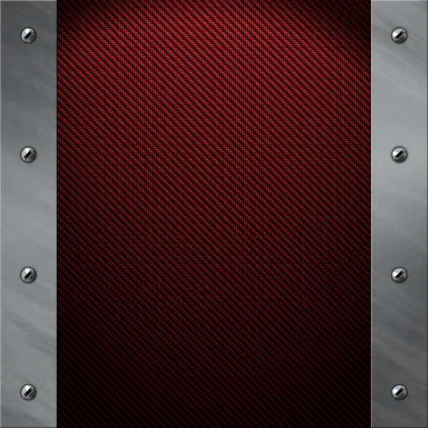 Telaio in alluminio spazzolato imbullonato su uno sfondo in fibra di carbonio rosso — Foto Stock