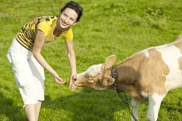 A Young Smiling Woman and a Calf — Stock Photo, Image