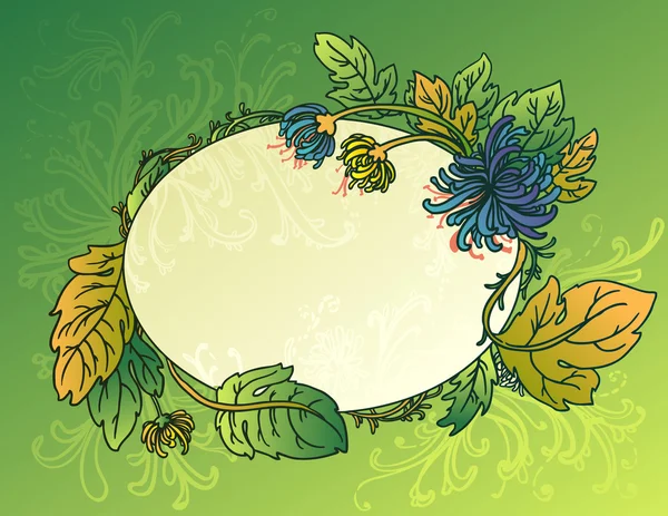 Ovale groene achtergrond met bloemen en bladeren van chrysant — Stockvector
