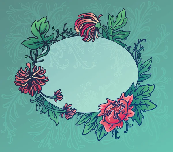 Ovale blauwe achtergrond met bloemen en bladeren van chrysant — Stockvector