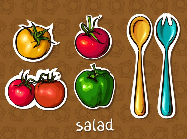 Salatset vorhanden. Tomate, Paprika, Löffel und Gabel. — Stockvektor