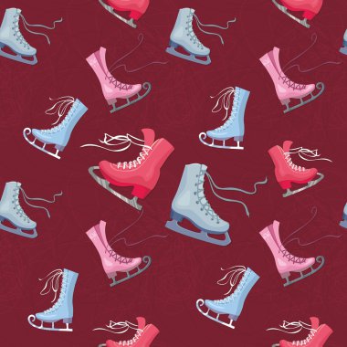 Seamless texture - skates for figure skating. burgundy background and scrat clipart