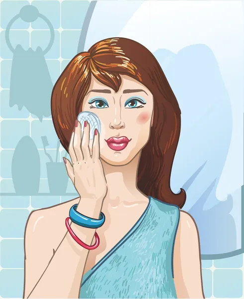 Večerní make-up odstranění. dívka v koupelně — Stockový vektor