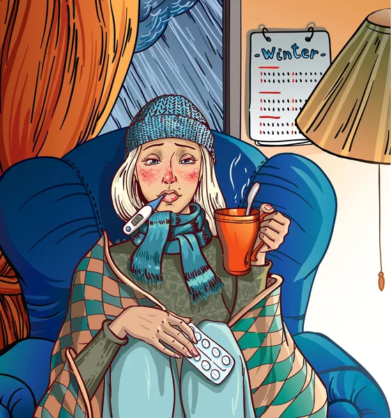 Una chica enferma de frío. chica sentada en una silla y sosteniendo una taza en sus manos. sno — Archivo Imágenes Vectoriales