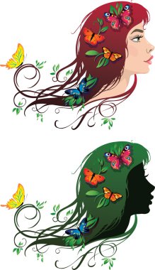 çiçekler ve kelebekler saçları ile kız