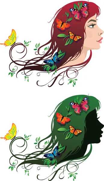 Menina com flores e borboletas em seu cabelo — Vetor de Stock