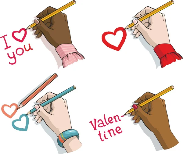 Saint-Valentin. quatre mains féminines avec des crayons et des coeurs — Image vectorielle