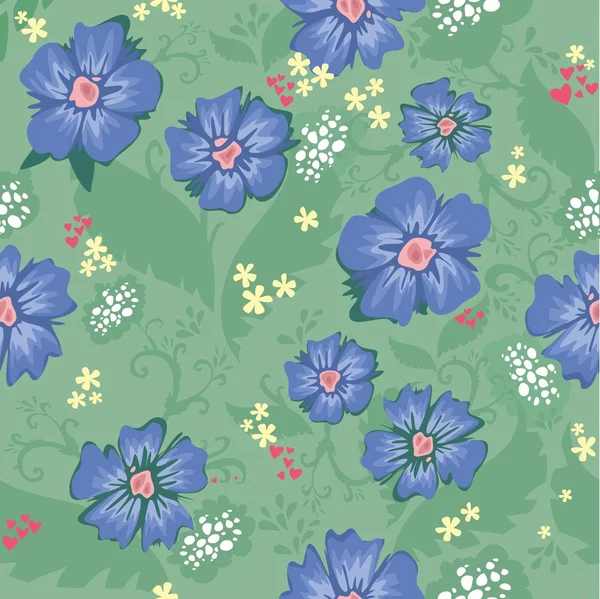 Texture sans couture avec fleurs et feuilles. cœurs rouges et bleuets — Image vectorielle