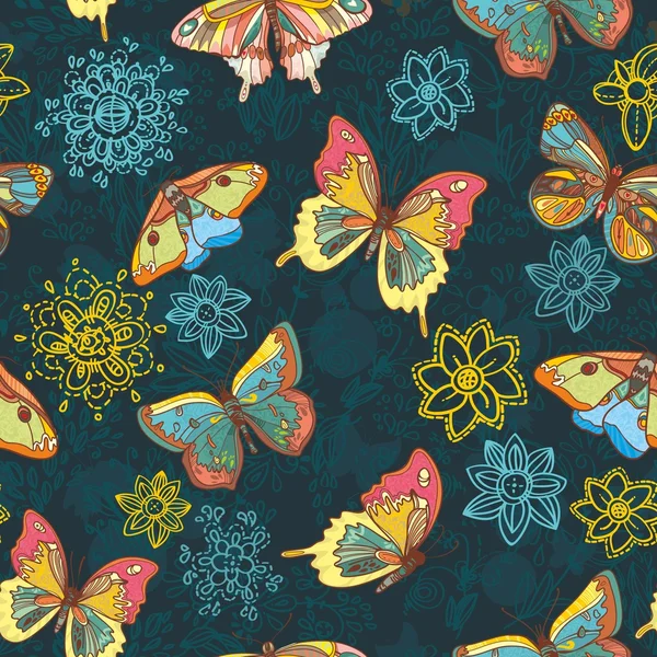 蝶と花とのシームレスなテクスチャ — ストックベクタ