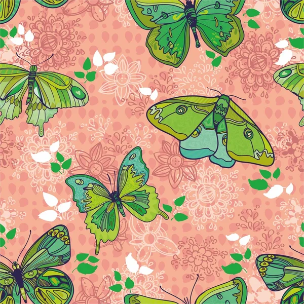 Textura perfecta con mariposas y flores — Vector de stock