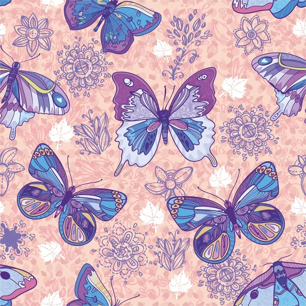 Textura perfecta con mariposas y flores — Vector de stock