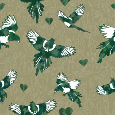 Vector pattern with birds. bright magpies. flowers clipart