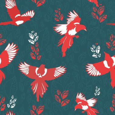 Vector pattern with birds. bright magpies. flowers clipart