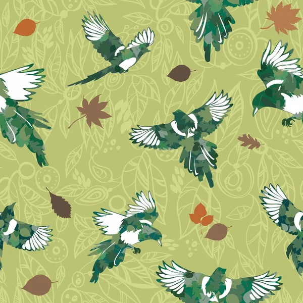 Gröna toner med fåglar seamless mönster — Stock vektor