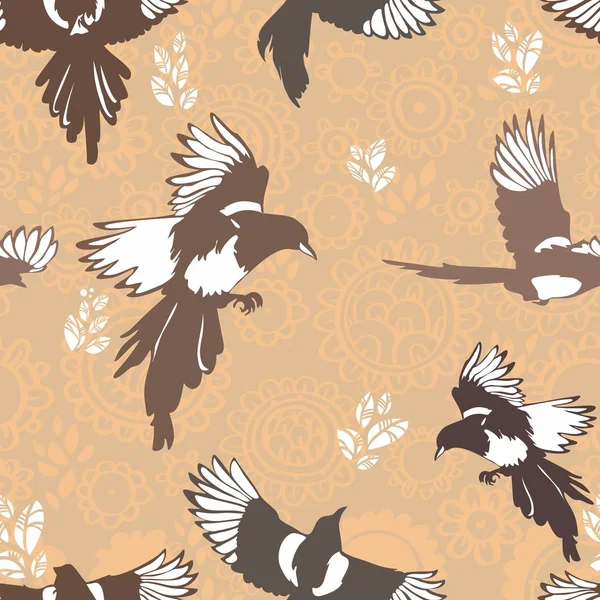 Patrón vectorial con aves. Urracas brillantes. flores — Archivo Imágenes Vectoriales