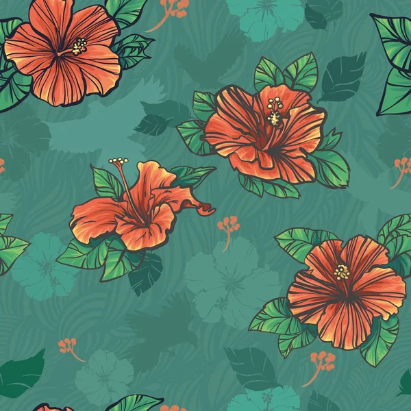 Seamless pattern with green red hibiscus flowers — Stock Vector