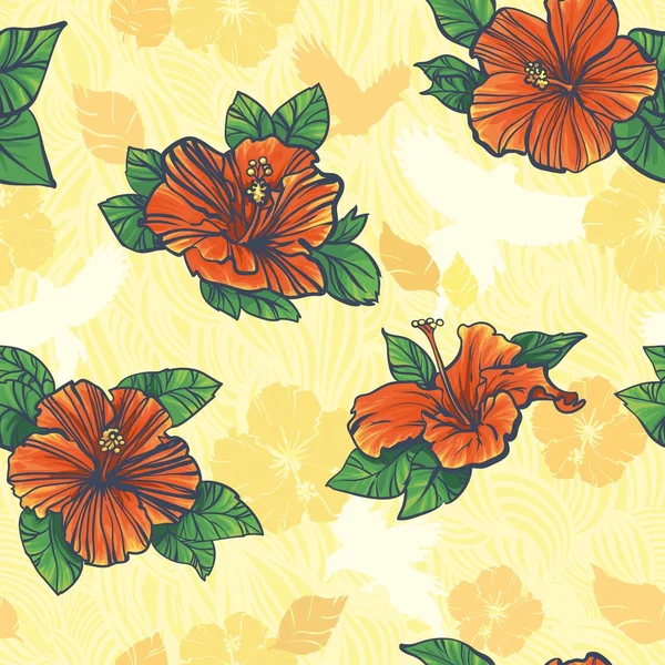 Yellow floral seamless pattern with flowers Hibiscus — Stock Vector