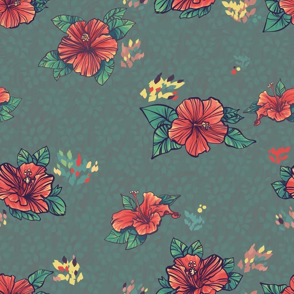 Patrón sin costura con flores de hibisco rojo verde — Archivo Imágenes Vectoriales