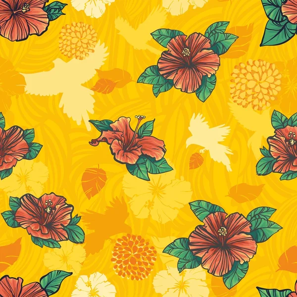 Yellow floral seamless pattern with flowers Hibiscus — Stock Vector
