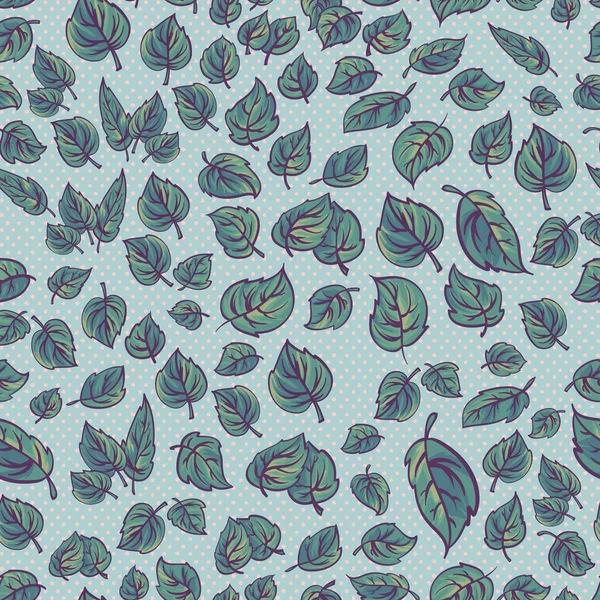 Motif sans couture gris et bleu avec des feuilles et des points délicats — Image vectorielle