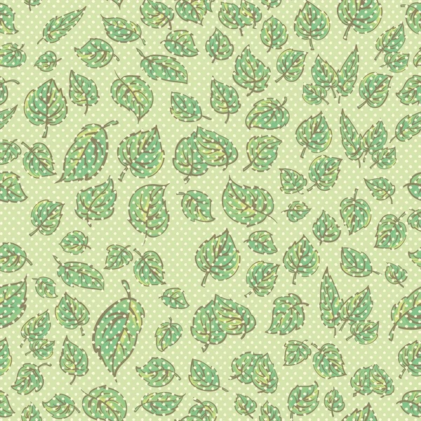 Groene naadloze patroon met delicate bladeren en stippen — Stockvector