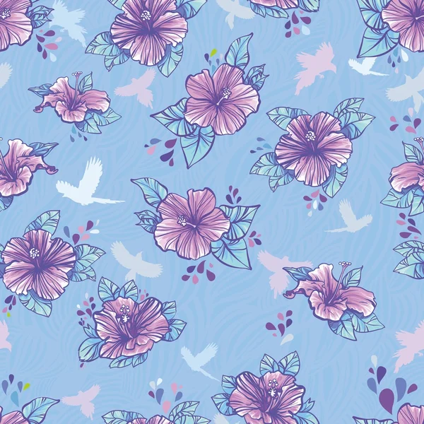 Motif sans couture floral lilas avec des fleurs d'hibiscus. à pois — Image vectorielle