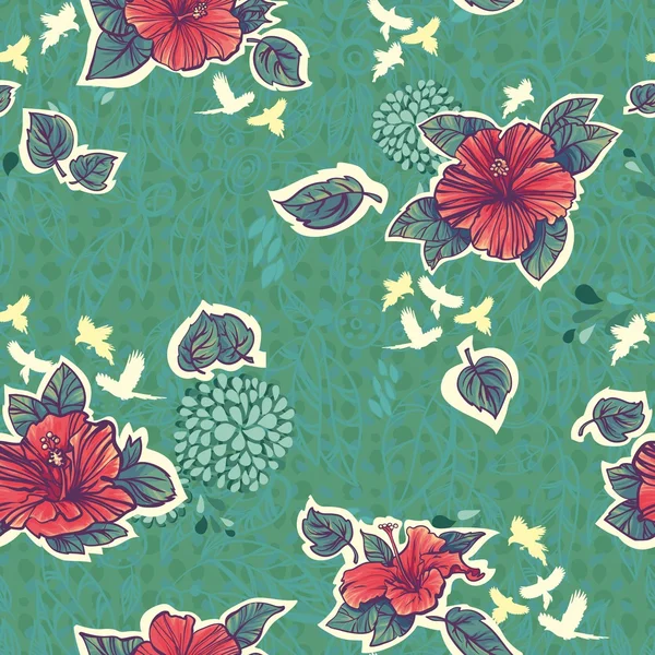 Patrón sin costuras con flores de hibisco rojo verde y aves — Archivo Imágenes Vectoriales