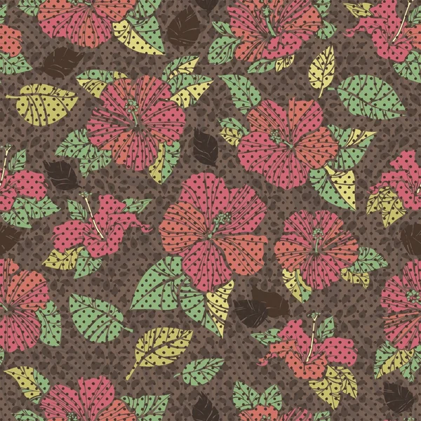 Retro brown seamless pattern with flowers of hibiscus — Stock Vector