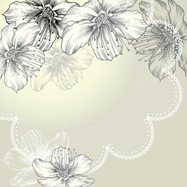 Floral background with vintage lace and flowers, hand-drawing. Vector. clipart