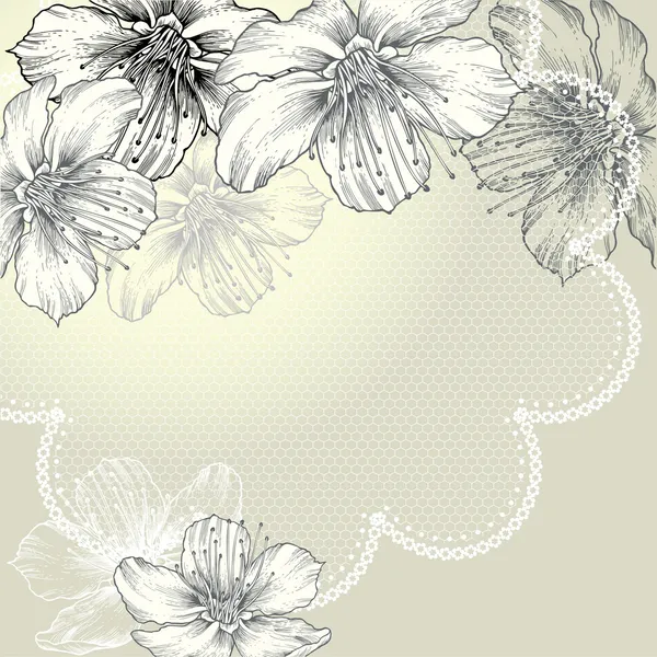 Fondo floral con encaje vintage y flores, dibujo a mano. Vector . — Vector de stock