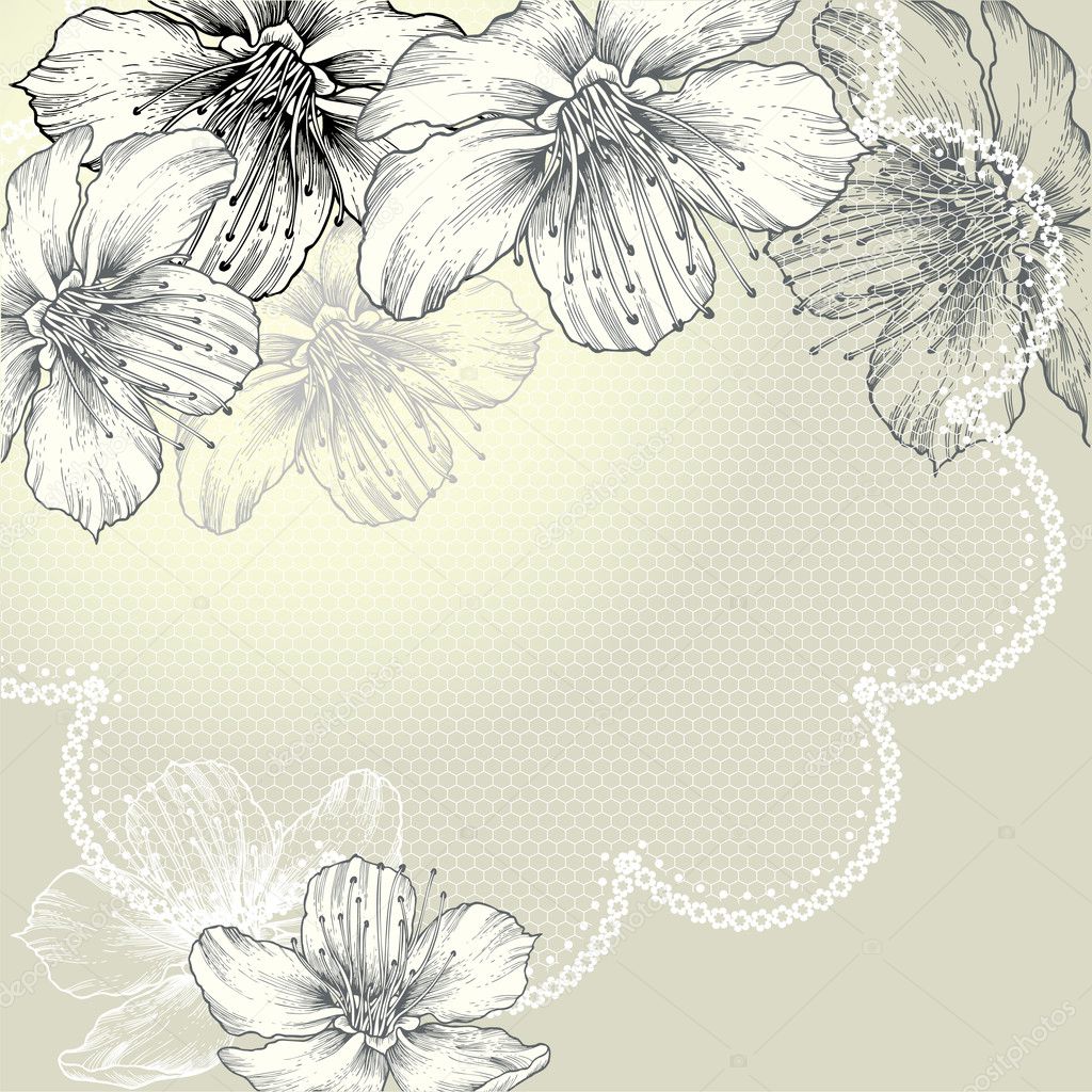 Floral background with vintage lace and flowers, hand-drawing. Vector.