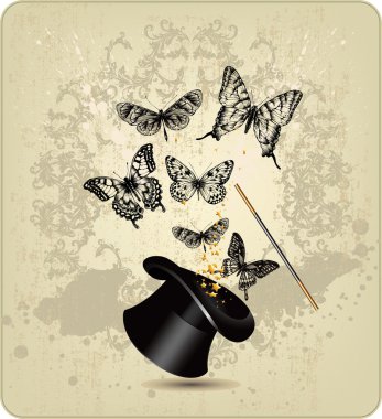 Magic wand and hat with butterflies on a vintage background clipart