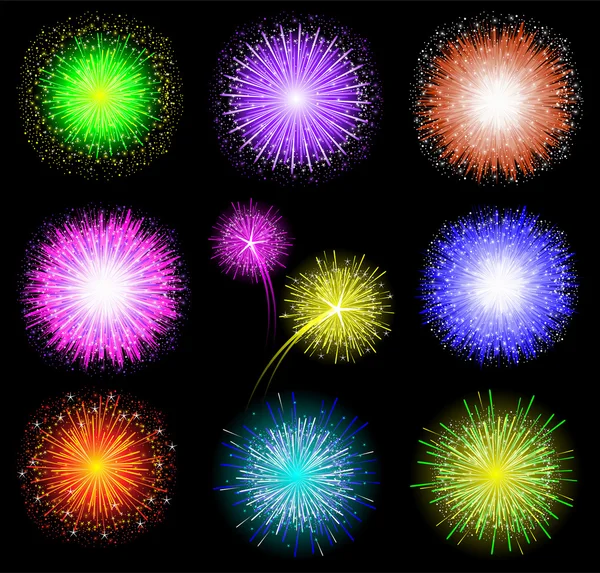 stock vector Set of festive colored fireworks on black background. Vector illustration.