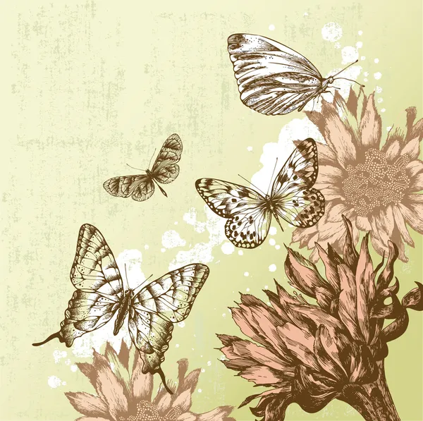 Vintage φόντο με όμορφες πεταλούδες και ανθισμένα λουλούδια. διάνυσμα — Διανυσματικό Αρχείο