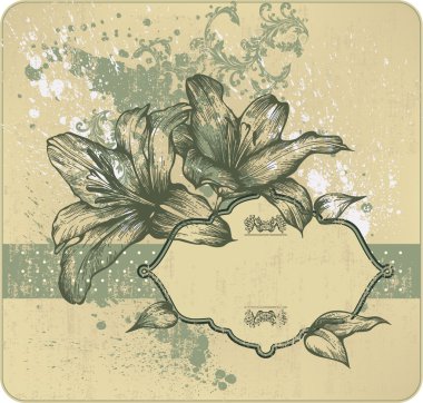 Vintage background with frame and blooming lilies, hand-drawing. Vector ill clipart