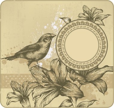 Vintage background with frame, blooming lilies and birds. Hand drawing. Vec clipart