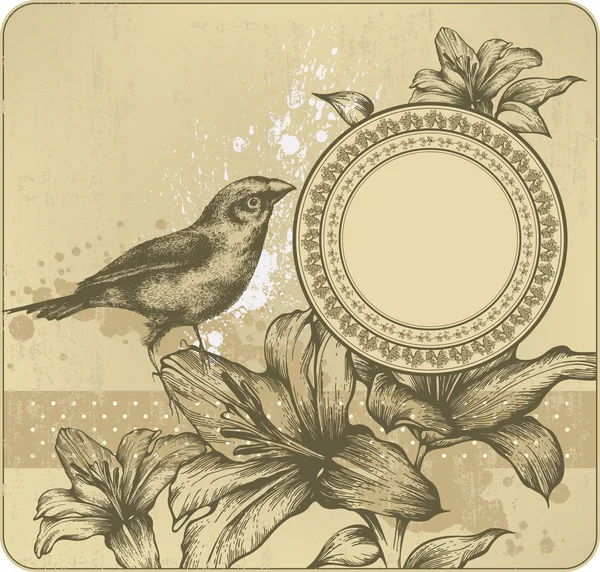 Vintage Hintergrund mit Rahmen, blühenden Lilien und Vögeln. Handzeichnung. vec — Stockvektor