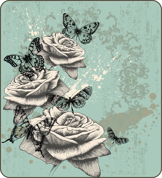 Ročník pozadí s kvetoucí růže a motýli, ruční kreslení. — Stockový vektor