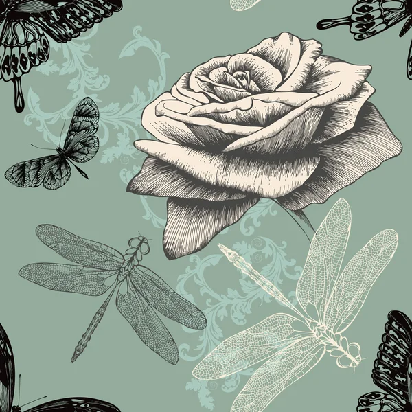 Nahtloses Muster mit Rose, dekorativen Schmetterlingen und Libellen. Hand dr — Stockvektor