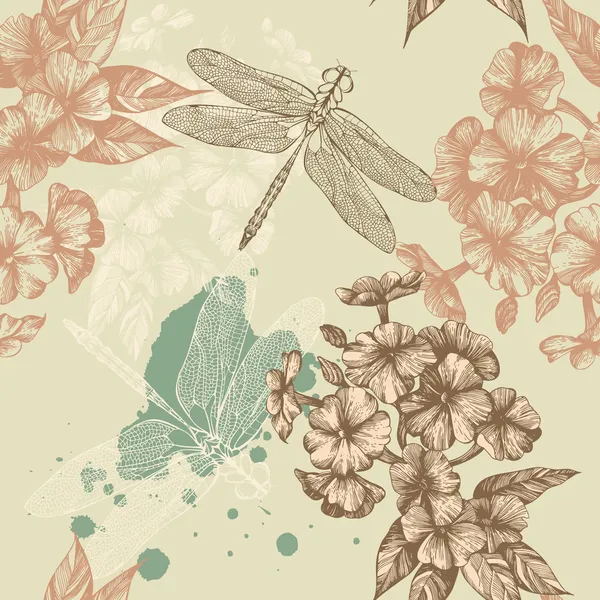 Sfondo floreale senza cuciture con libellule volanti, disegno a mano. Vettore . — Vettoriale Stock