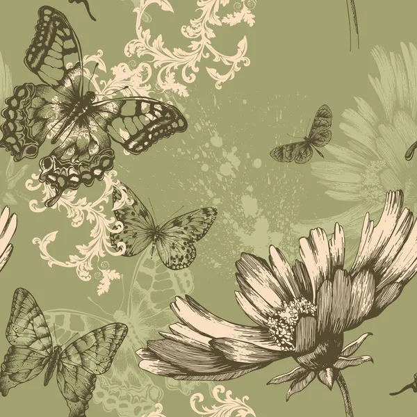 Fondo floral sin costuras con mariposas voladoras, dibujo a mano. Vector . — Archivo Imágenes Vectoriales