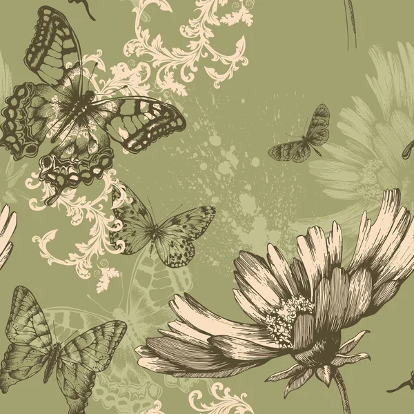 Nahtloser floraler Hintergrund mit fliegenden Schmetterlingen, Handzeichnung. Vektor. lizenzfreie Stockvektoren