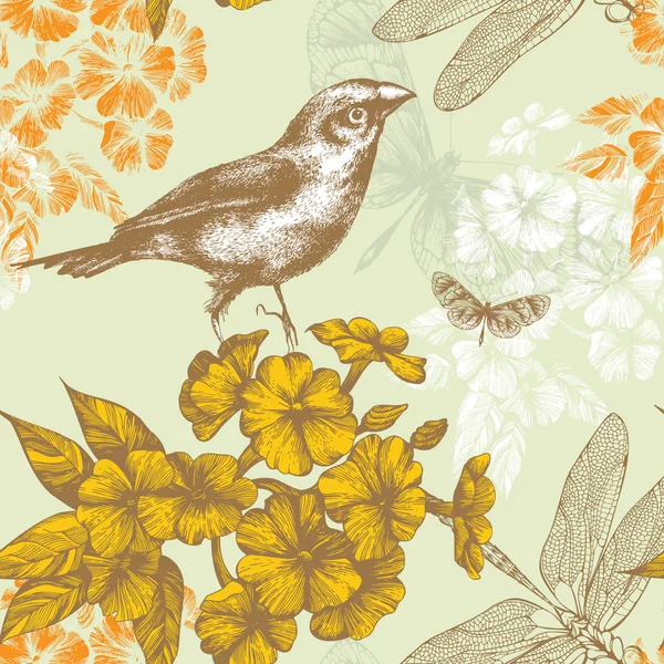 Άνευ ραφής λουλουδάτο μοτίβο με ένα πουλί που φέρουν οι πεταλούδες και οι λιβελούλες. Han — Διανυσματικό Αρχείο