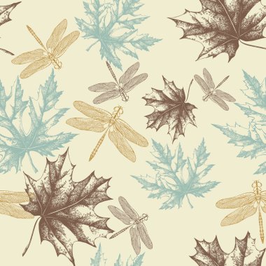 Seamless pattern of autumn, maple leaves and a dragonfly, hand-drawing. Vec