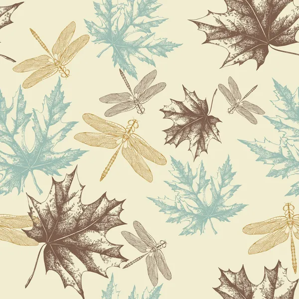 Nahtloses Herbstmuster, Ahornblätter und eine Libelle, Handzeichnung. vec Stockillustration